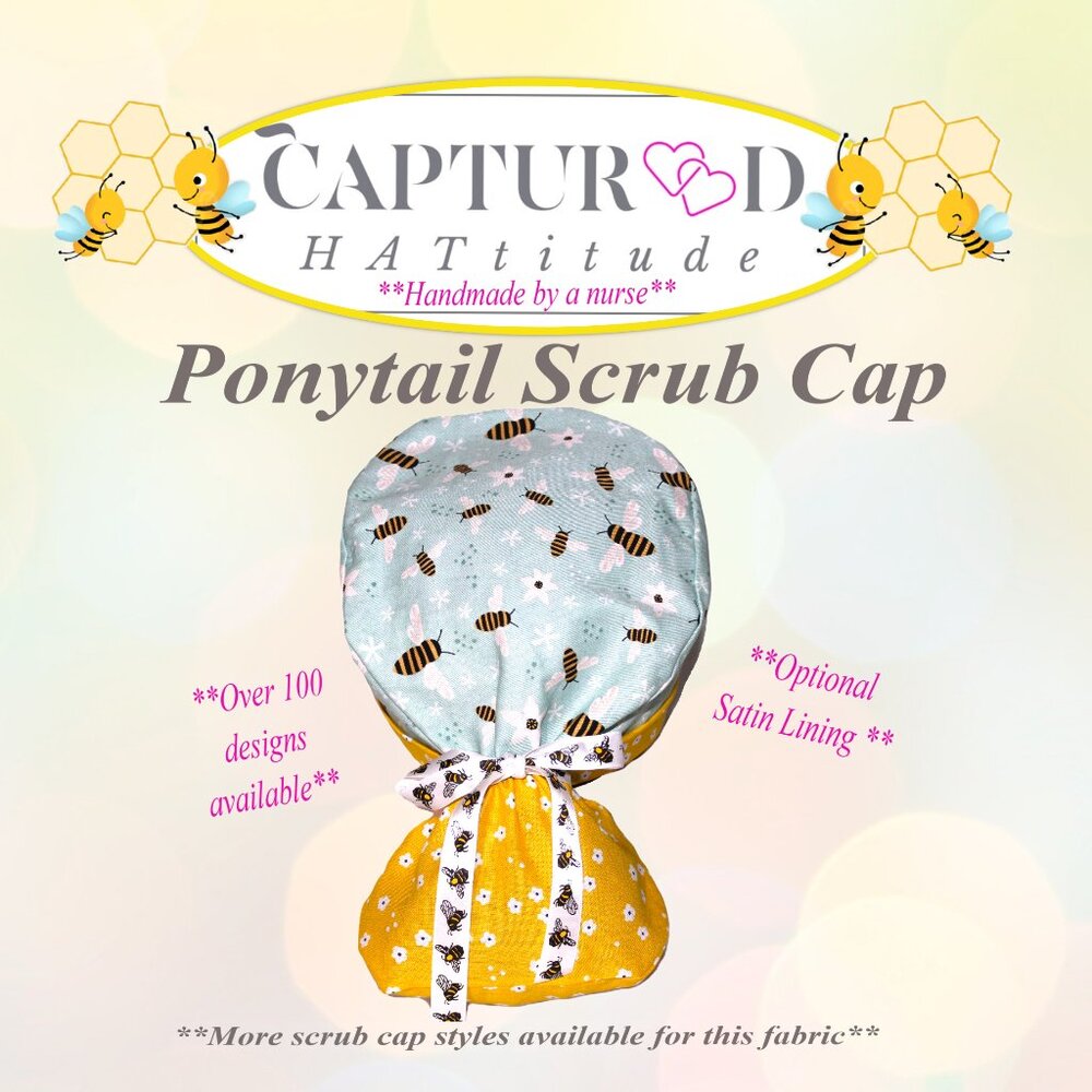 Womens Bumble Bee Aqua Scrub Cap Ponytail Surgical Hat, Silk Ribbon Ties